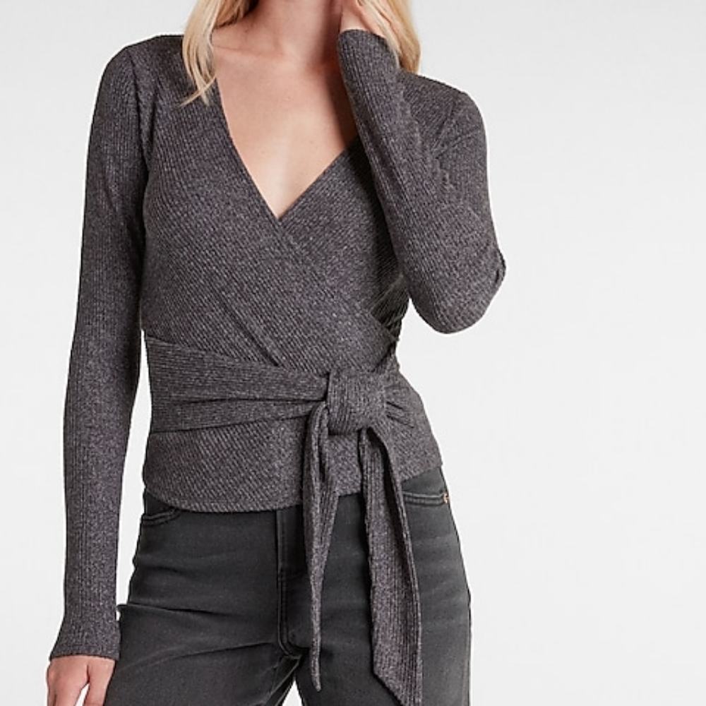 Express Ribbed Faux Wrap Tie Waist Long Sleeve Top Size: XL